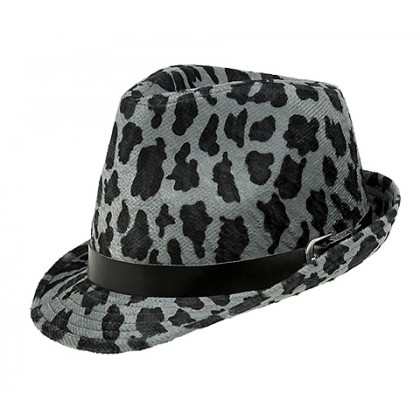 Fedora Hat – 12 PCS Leopard Print Fedora w/ Belted Band - Gray - HT-1118GY